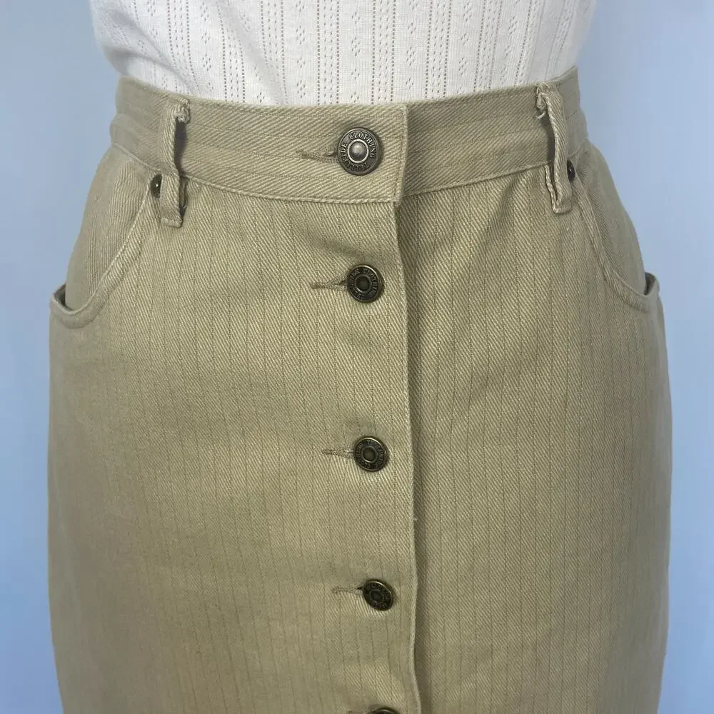 Vintage Button Front Skirt Size 10 Khaki Tan Pinstripe Minimal Rodeo Western 90s